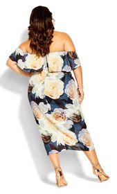 City Chic Navy Blue Floral Print Bardot Midaxi Dress