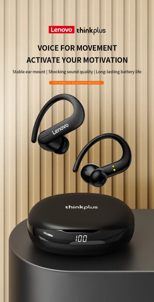 Lenovo-Écouteurs Bluetooth 5.2 étanches avec micro, écouteurs de sport sans fil, casque à crochet d'oreille, réduction du bruit, casque de jeu, T50