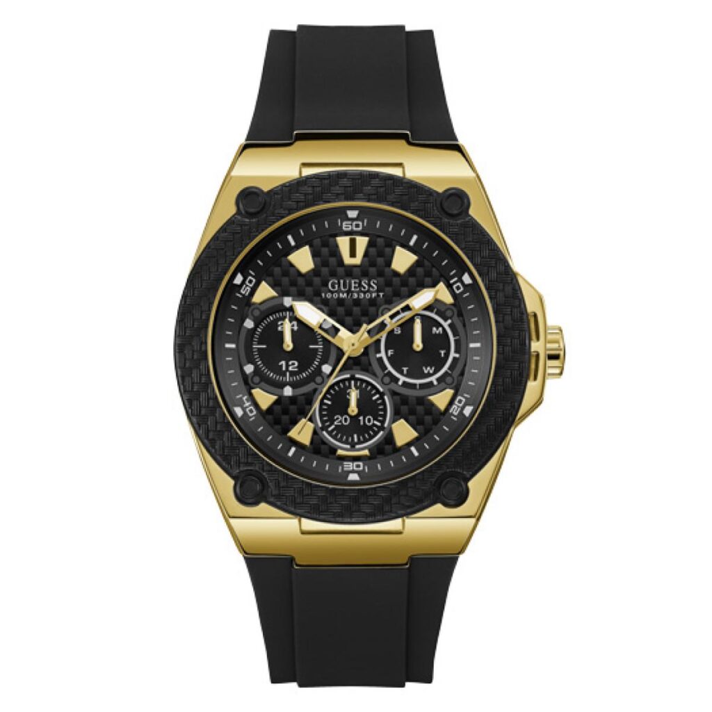 Montre Guess LEGACY W1049G5 - Montre Multifonctions Boitier Acier Or Bracelet Silicone NOir Homme                  