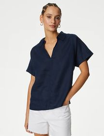 Blouse 100 % lin avec à bouton-pression et encolure