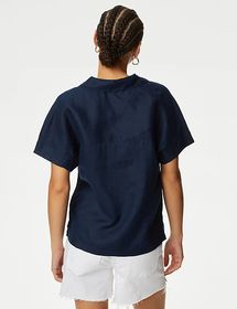 Blouse 100 % lin avec à bouton-pression et encolure