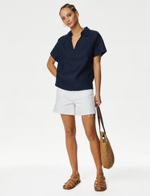 Blouse 100 % lin avec à bouton-pression et encolure