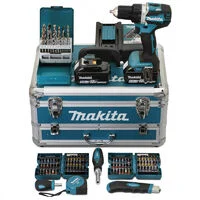 Perceuse visseuse 18V Ø13 mm - MAKITA - Avec 2 batteries LXT® 18V 5Ah + chargeur rapide + Coffret alu avec tiroir 96 accessoires - DDF484RTX62